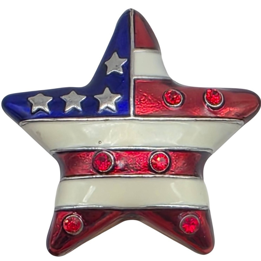 Patriotic American Flag Star Ring Red White Blue Enamel Crystal Statement USA